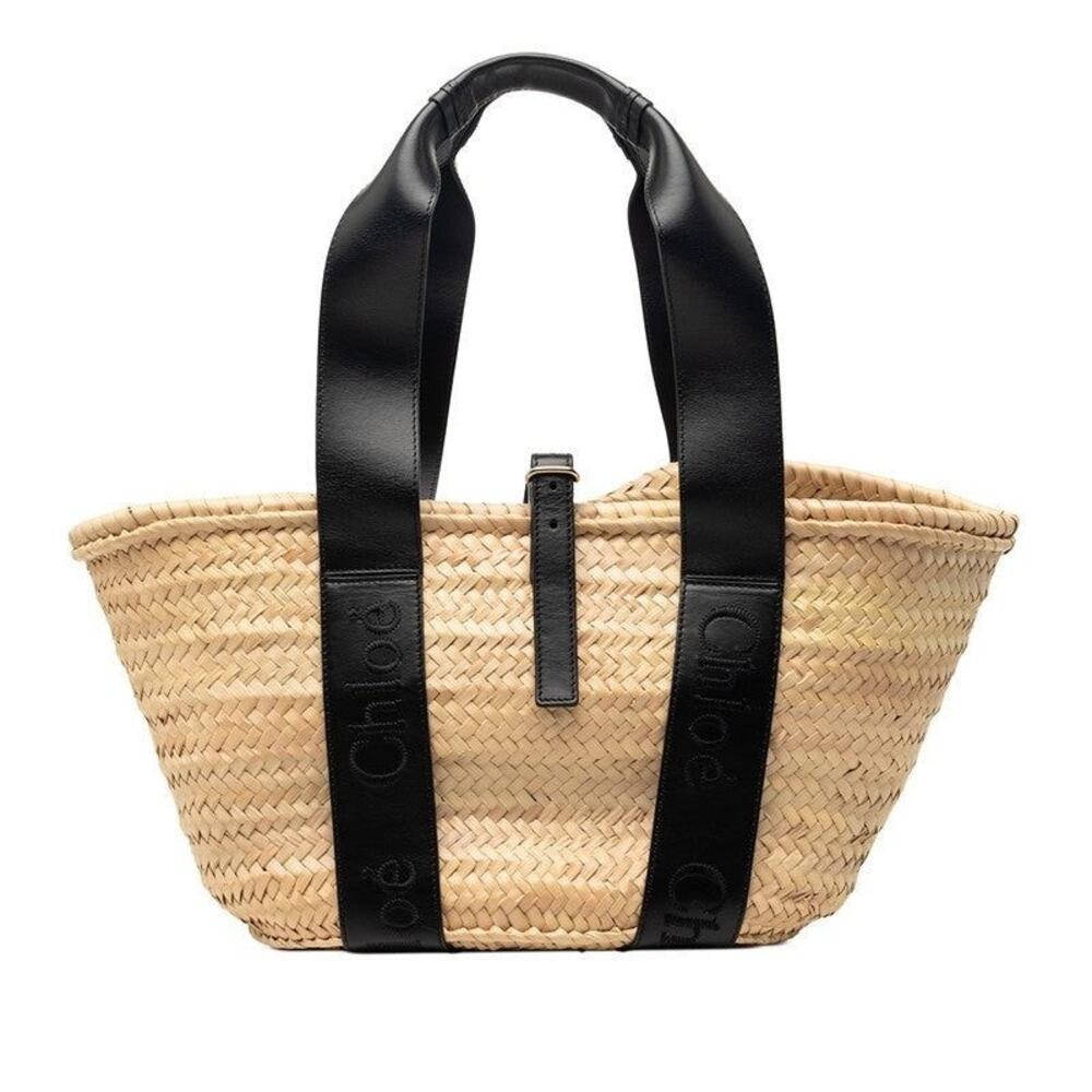 Chloe Logo Medium Basket Raffia Leather Handbag Beige